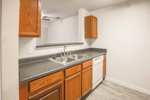 a kitchen with a sink and wooden cabinets