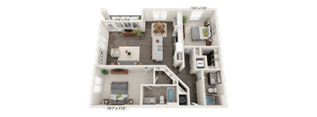 Limestone 3D floor plan for a 2 bed 2 bath and 1,237 square feet apartment at Quarry at River North.