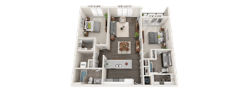 Onyx 3D floor plan for a 2 bed 2 bath and 1,059-1,198 square feet apartment at Quarry at River North.