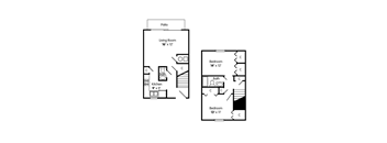 A floor plan of a small apartment with a living room, kitchen, and two bedrooms.