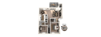 A detailed 3D floor plan of a small apartment with a kitchen, living room, and bedroom.