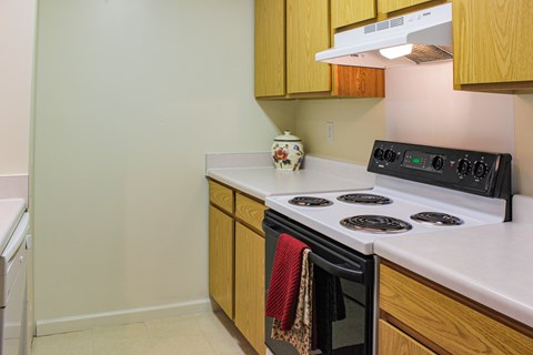 A kitchen with a stove top oven and a pot on it.