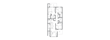 A floor plan of an apartment with a living room, dining room, kitchen, two bedrooms, a bathroom, and storage.