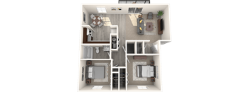 3d rendering of a two bedroom one bath apartment floor plan at Addison on Main