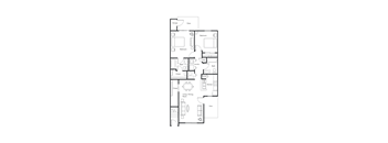A floor plan of a house with two bedrooms, a living room, a kitchen, a bathroom, a laundry room, a storage area, and two closets.