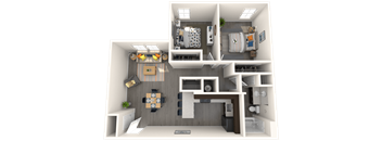 Two bedroom one bath floorplan at Halcyon Apartments, Florida.