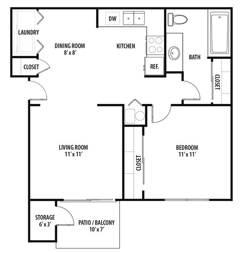 Woodland Crossing 1 Bed 1Bath Apartment Floor Plan.