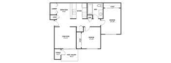 Woodland Crossing 2 Bed 1 Bath Apartment Floor Plan.