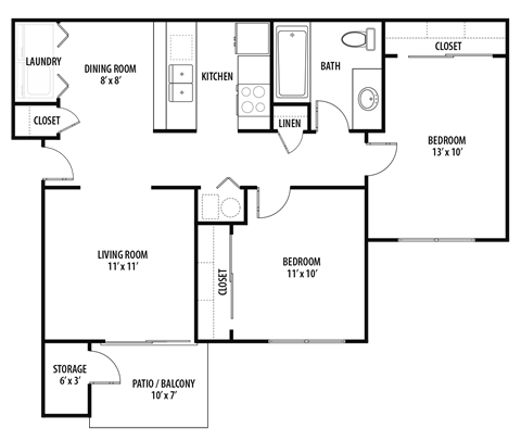 Woodland Crossing 2 Bed 1 Bath Apartment Floor Plan.