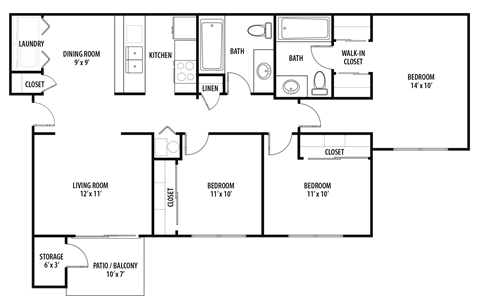Woodland Crossing 3 Bed 2 Bath Floor Plan.