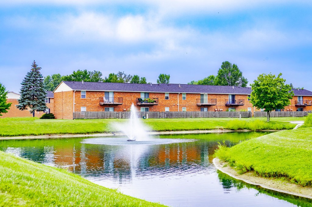 Pond on the exterior of an apartment building at Addison on Main