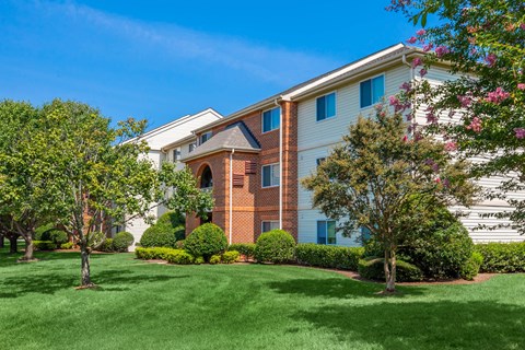 Apartment building exterior at King’s Landing Apartments.