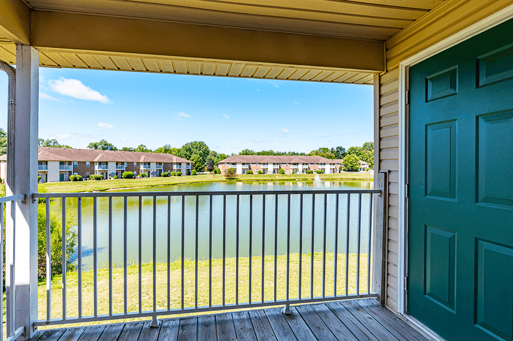 Balcony of a two-bedroom, two-bath apartment at North Lake Apartments with scenic views.