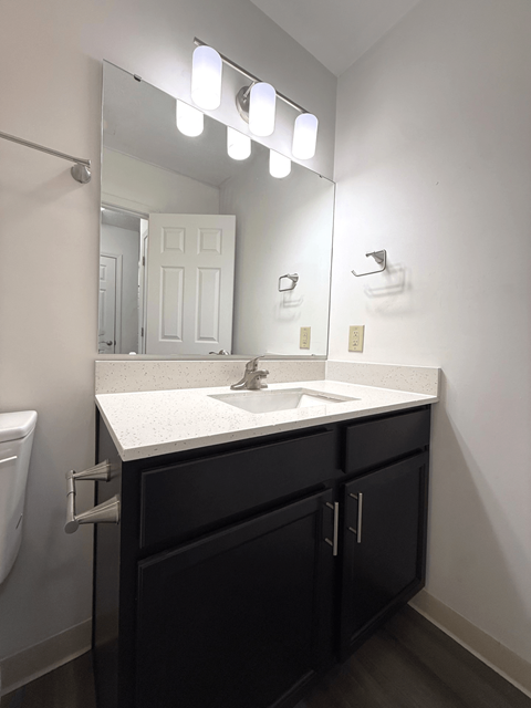 A bathroom with a sink and a mirror.