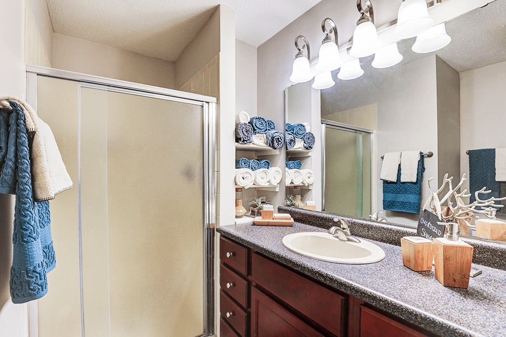 Bathroom with a vanity, mirror and shower cubicle in a signature series 2-bed, 2-bath apartment at Somerset Lakes.