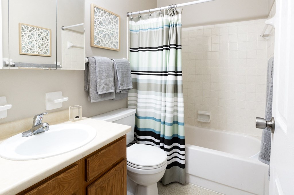a bathroom with a sink toilet and tub and a shower curtain