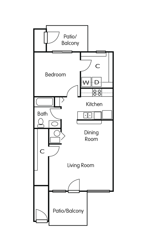 Brownsburg Pointe 772 sq. ft. 1-bedroom, 1-bath floor plan with living, dining, kitchen, and private bedroom and bath.