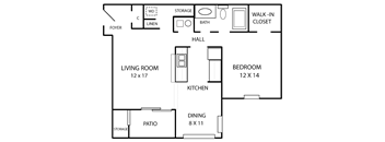Floor plan of a one-bedroom apartment at Cedar Ridge Apartments, featuring a bedroom, bathroom, kitchen, living/dining area, and a private balcony or patio.