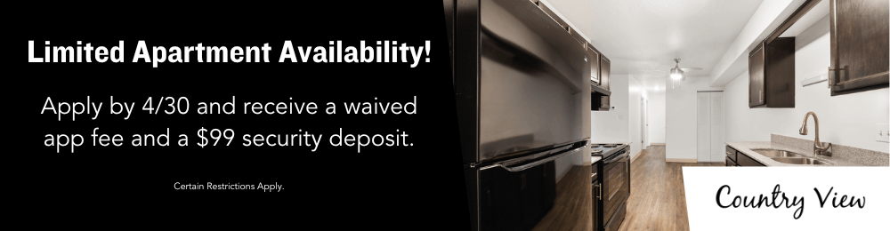 A promotional image for a limited apartment availability, offering a waived application fee and a $99 security deposit if applied by a specific date.