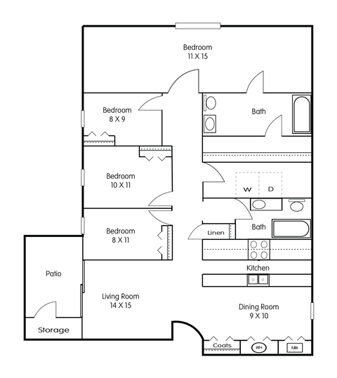 Floorplan for the four-bedroom apartment with two bathrooms at Pleasant Springs