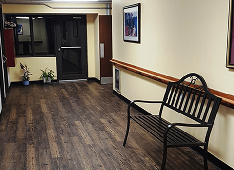 Interior common space at Marshall House Apartments with bench seating.