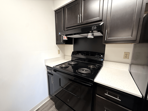 A black stove top oven with a white counter top.