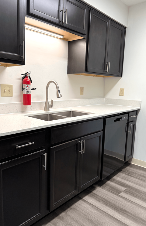 A kitchen with black cabinets and a white countertop.