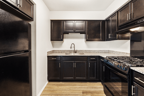 A kitchen with black cabinets and a granite countertop.