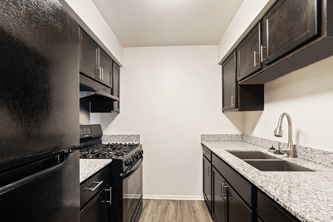 A black fridge and stove in a kitchen with black cabinets.