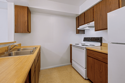 A kitchen with a white fridge, white oven and a white sink.