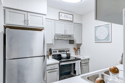 Kitchen in a 2-bedroom, 1-bath apartment at Woods of Fairfax, with an electric stove and stainless steel appliances at The Woods of Fairfax Apartments, Lorton, Virginia