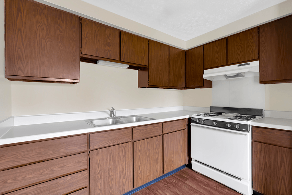 Kitchen in a 1-bed, 1-bath apartment at Mount Vernon, featuring a gas stove.