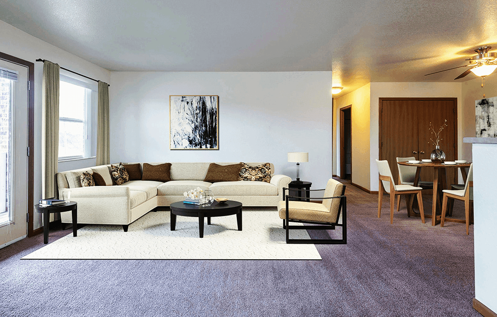 Open-concept living and dining room at Copper Gate, Lafayette, IN, 47909