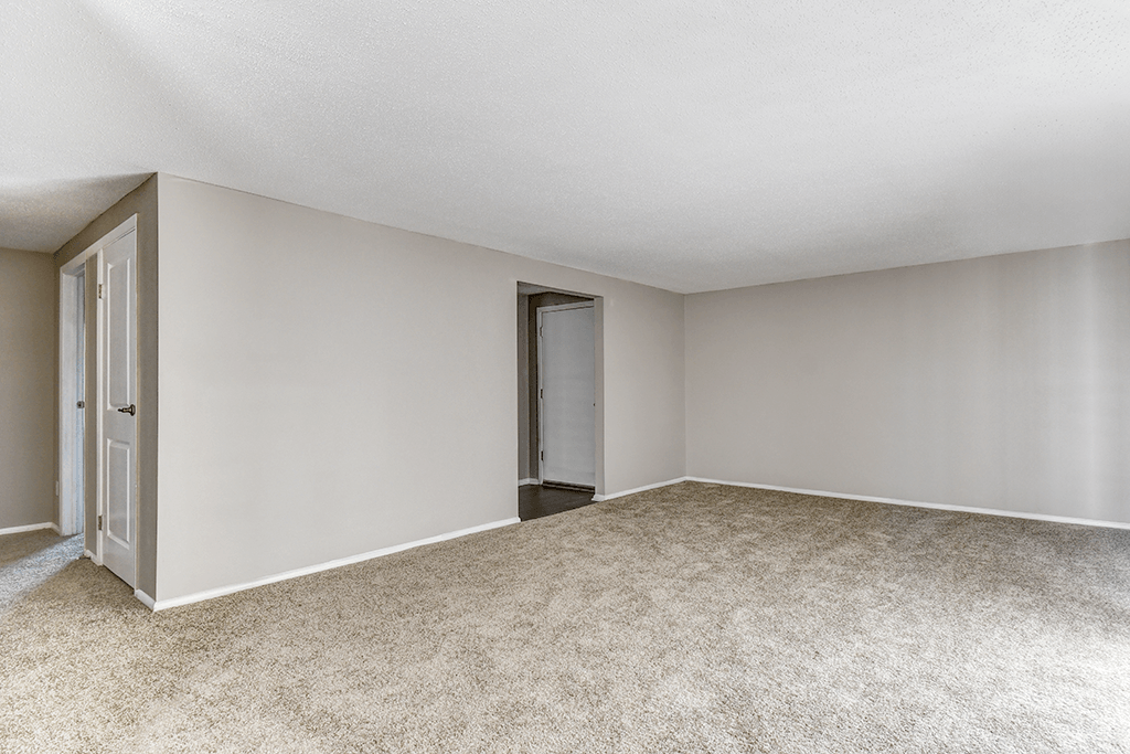 Living room with carpeted floors in a 2-bed, 1-bath apartment at Ashton Brook.