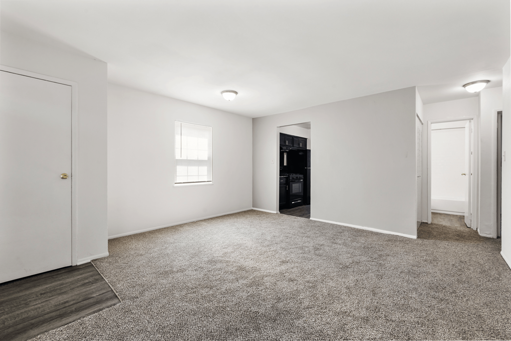 Living room with carpets in a two-bedroom, one-bath Windsor Park apartment, featuring large windows.