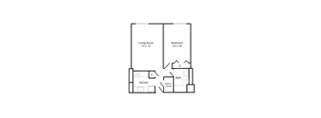 Floor plan of a one-bedroom apartment at Marshall House, featuring a bedroom, bathroom, kitchen, and living area.