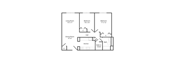 A floor plan of a two-bedroom apartment at Marshall House, featuring a living room, dining room, kitchen, walk-in closet, and two spacious bedrooms.