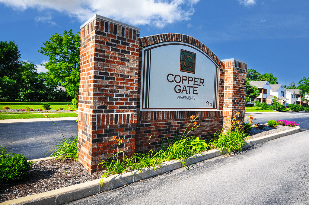 Monument sign at Copper Gate, Indiana, 47909