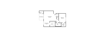 Henderson Court one-bedroom apartment floor plan showing living room, dining area, kitchen, bedroom, bathroom, and closet.