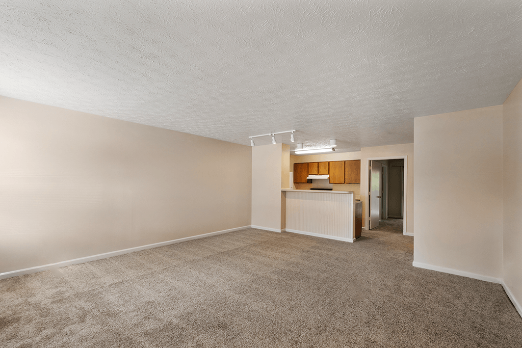 Open living room and kitchen in a 1-bed, 1-bath apartment at Brownsburg Pointe.