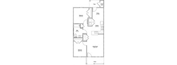 A floor plan of a house with a porch, two bedrooms, a great room, a kitchen, a dining area, and a patio.