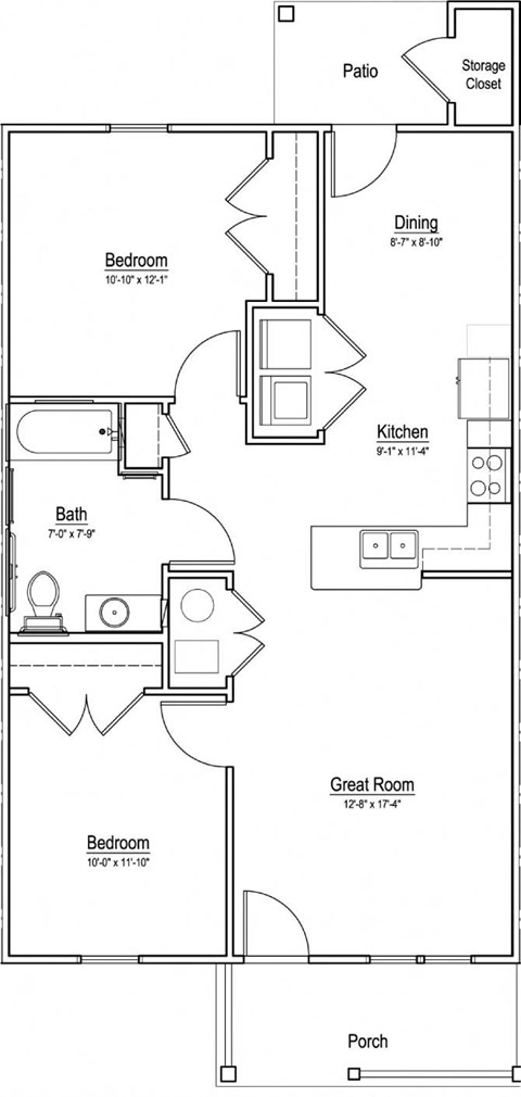 A floor plan of a house with a porch, two bedrooms, a great room, a kitchen, a dining area, and a patio.