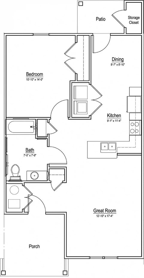 A floor plan of a house with a porch, two bedrooms, a kitchen, a dining room, and a great room.