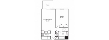 A floor plan of a small apartment with a living/dining room, kitchen, bedroom, and bathroom.