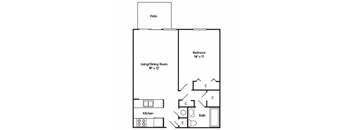 A floor plan of a small apartment with a living/dining room, kitchen, bedroom, and bathroom.