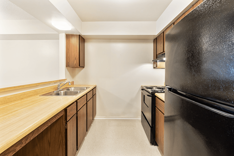 A black refrigerator sits next to a sink in a kitchen.