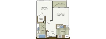 A floor plan of a small apartment with a bedroom, living room, kitchen, bathroom, and walk-in closet.