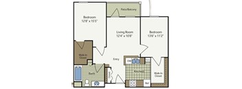 A floor plan of a home with a living room, two bedrooms, a bathroom, a kitchen, and a patio/balcony.
