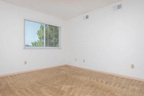 Primary bedroom with a window and carpeted floor in a 2-bedroom apartment at King’s Landing Apartments
