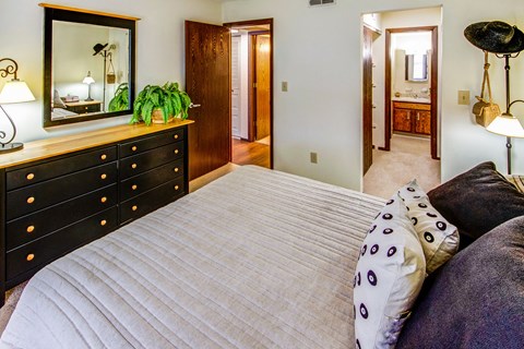 a bedroom with a bed and a dresser
